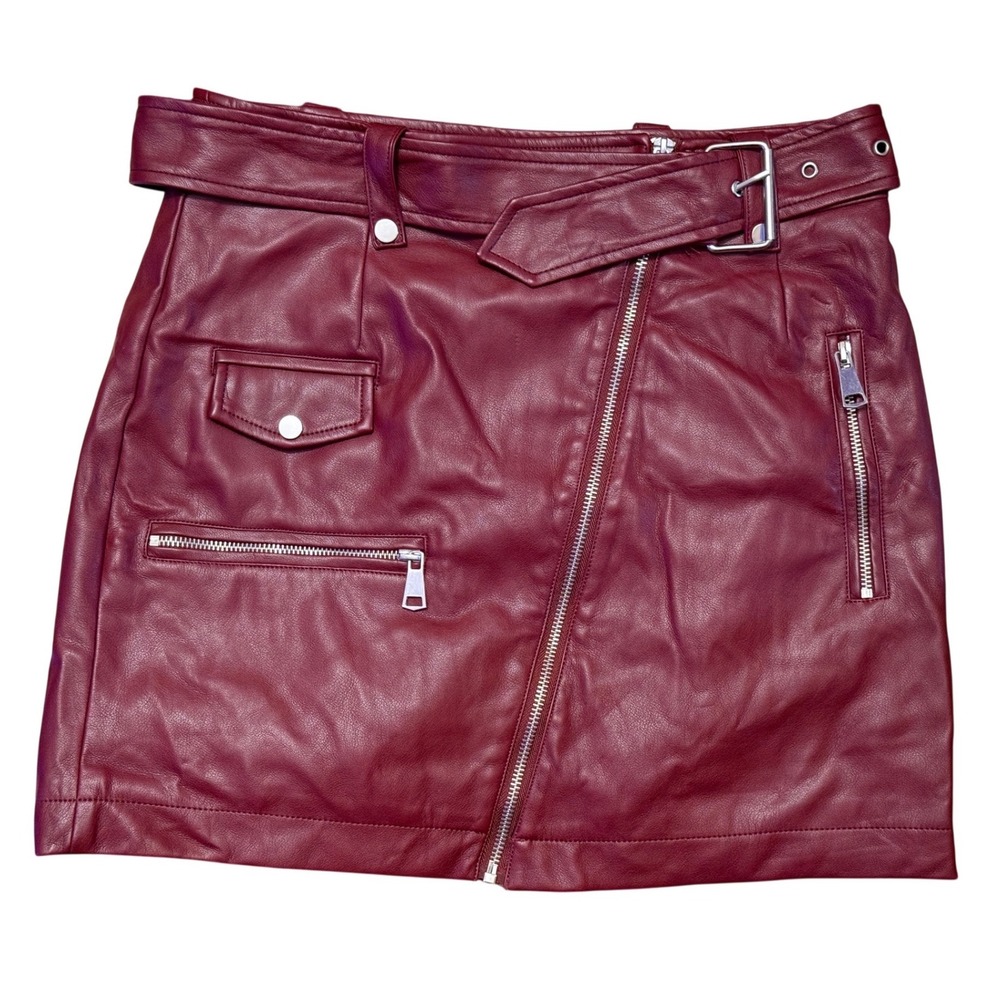 7 For All Mankind Faux Leather Moto Skirt Burgundy Belted Zip‎ Detail Size S